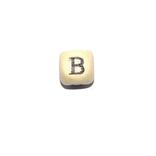 Perle lettre alphabet b cube 10mm  en bois imprimé noir