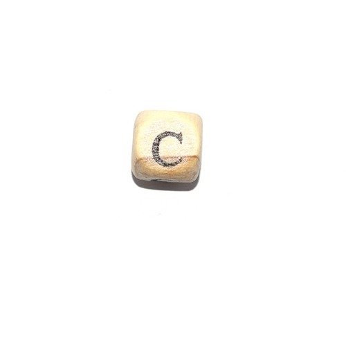 Perle lettre alphabet c cube 10mm  en bois imprimé noir