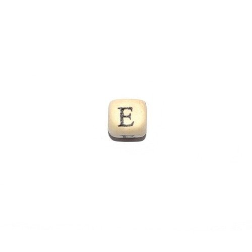 Perle lettre alphabet e cube 10mm  en bois imprimé noir