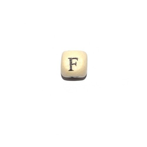 Perle lettre alphabet f cube 10mm  en bois imprimé noir