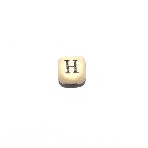 Perle lettre alphabet h cube 10mm  en bois imprimé noir
