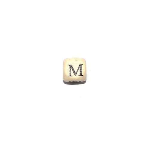 Perle lettre alphabet m cube 10mm  en bois imprimé noir