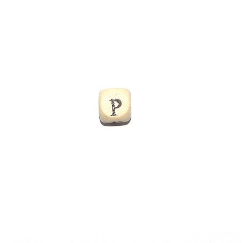 Perle lettre alphabet p cube 10mm  en bois imprimé noir
