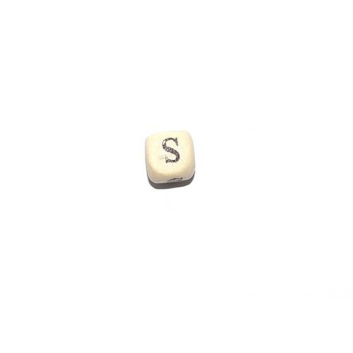 Perle lettre alphabet s cube 10mm  en bois imprimé noir
