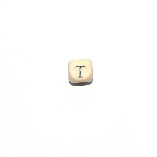 Perle lettre alphabet t cube 10mm  en bois imprimé noir