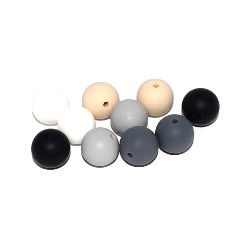 Perle silicone camaïeu noir, gris, blanc 15 mm x10