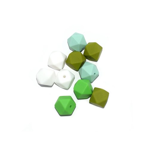 Perle hexagonale silicone 14 mm camaïeu vert x10