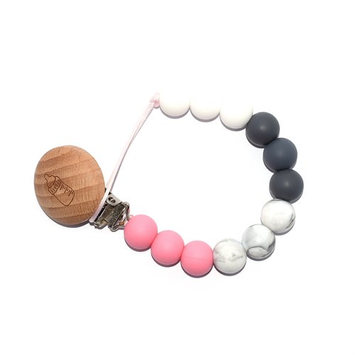 Attache tétine bois "biberon" perles silicones blanc, marbre, rose et gris foncé