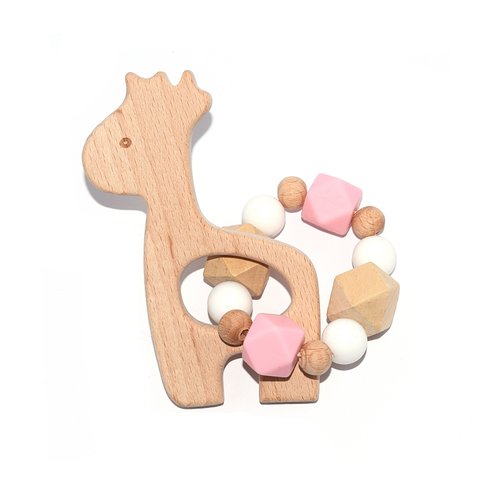 Hochet - anneau de dentition girafe en bois perles silicones blanc, rose