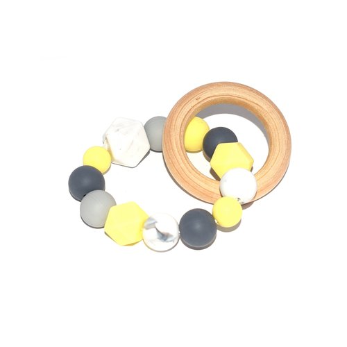 Hochet - anneau de dentition perles silicones gris jaunes et marbrés