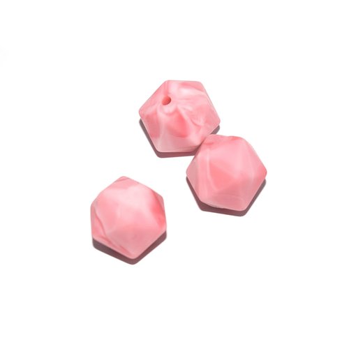 Perle hexagonale 14 mm en silicone rose marbré blanc