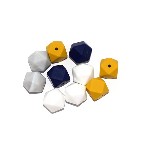Perle hexagonale silicone 14 mm camaïeu bleu - moutarde x10