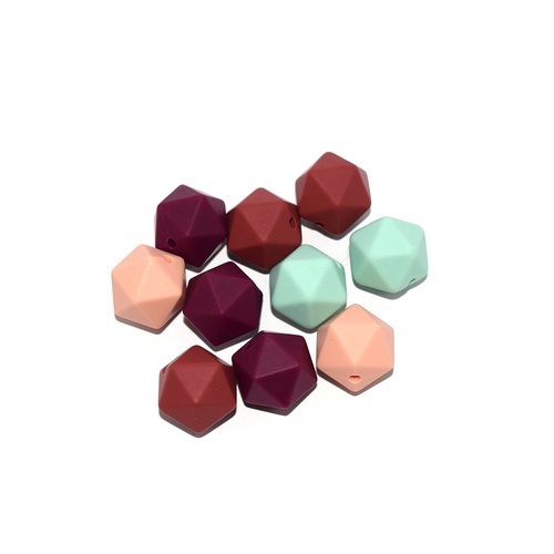 Perle hexagonale silicone 14 mm camaïeu rouge - menthe x10