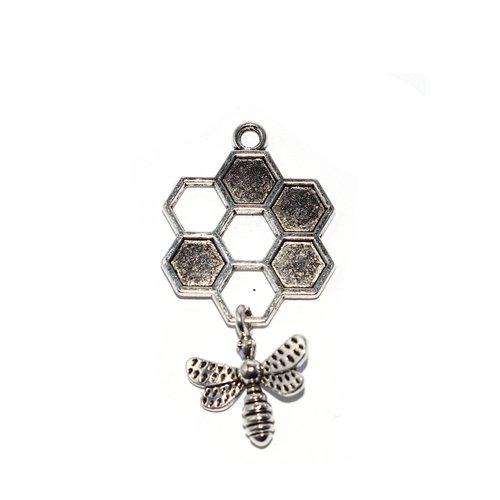 Pendentif alvéole et abeille métal argenté 46x24 mm