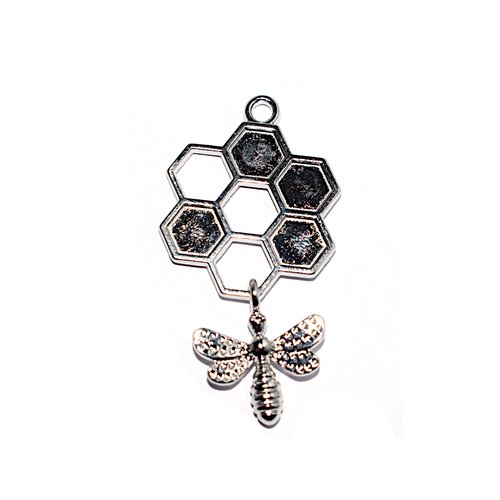 Pendentif alvéole et abeille métal argenté brillant 46x24 mm