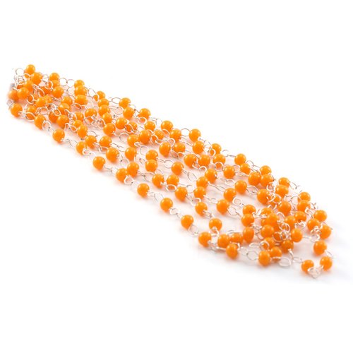 Chaine argenté + perles rondes 4mm orange x127 cm