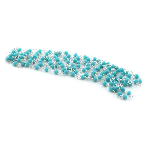 Chaine argenté + perles rondes 4mm turquoise x127 cm
