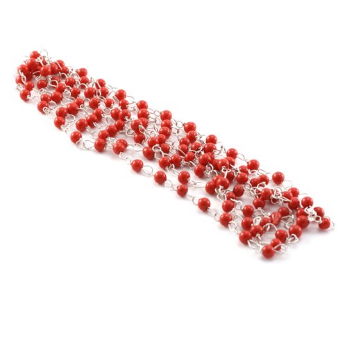 Chaine argenté + perles rondes 4mm rouge x127 cm