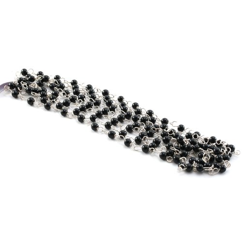 Chaine argenté + perles rondes 4mm noir x127 cm