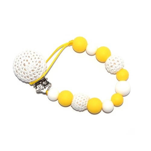 Attache tétine crochet - perles silicones, crochets blanc et jaune
