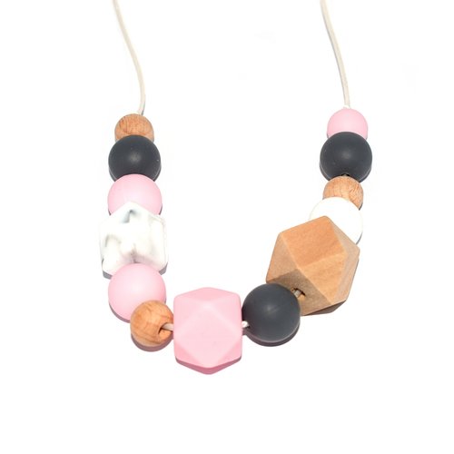 Collier d'allaitement avec perles en bois, silicone gris, marbré et rose