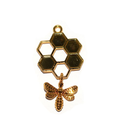 Pendentif alvéole et abeille métal doré 46x24 mm