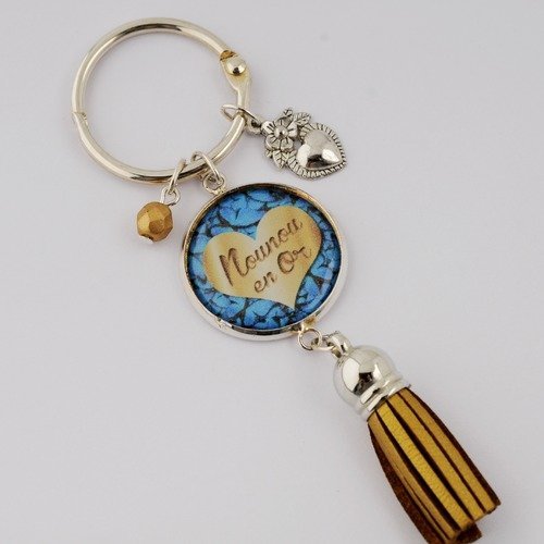 Porte-clefs "nounou en or" avec pompon, perle et breloque