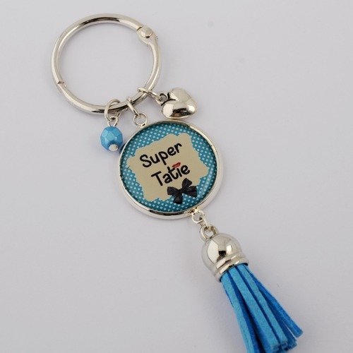 Porte-clefs "super tatie" avec pompon, perle et breloque