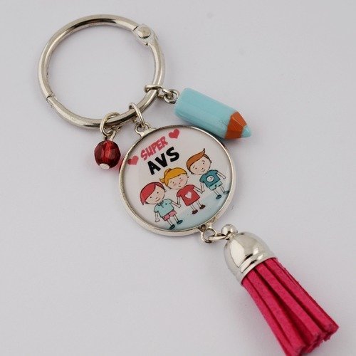 Porte-clefs "super avs" avec pompon, perle et breloque