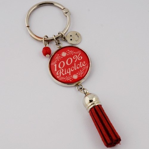 Porte-clef "100% rigolote" avec pompon, perle et breloque