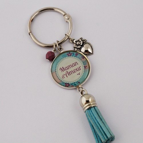 Porte-clef "maman d'amour" avec pompon, perle et breloque