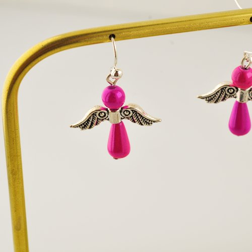 Boucles d’oreilles "ange" garnies de perles magiques rose fuchsia