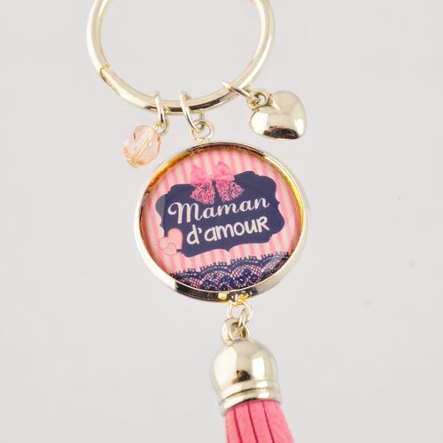 Porte-clefs "maman d'amour" avec pompon, perle et breloque