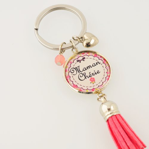 Porte-clefs "maman chérie" avec  pompon, perle et breloque