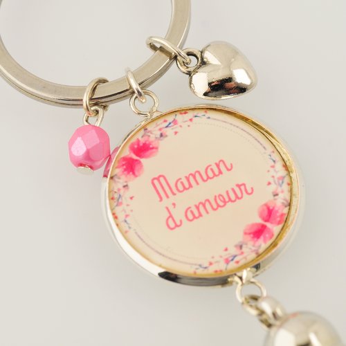 Porte-clefs "maman d'amour" avec pompon, perle et breloque
