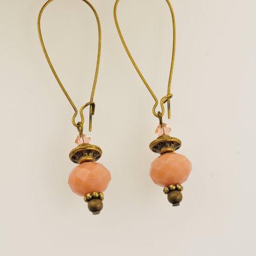 Boucles d'oreilles bronze et perles rose verre et cristal
