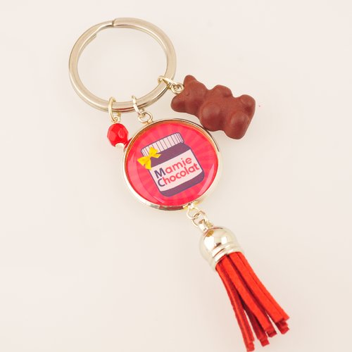 Porte-clefs "mamie chocolat" avec pompon, perle et breloque