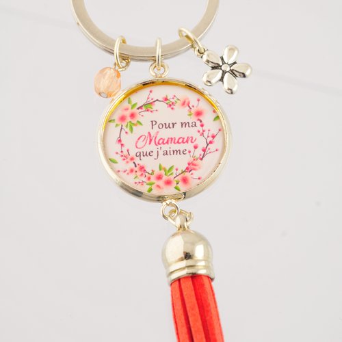 Porte-clef "pour ma maman que j'aime" avec pompon, perle et breloque
