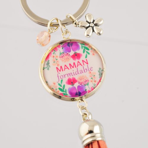Porte-clefs "maman formidable" avec pompon, perle et breloque