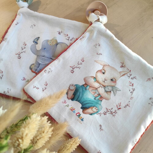 Petit doudou lange pour tétine – motif coton bio – peluche douce – cadeau bébé naissance