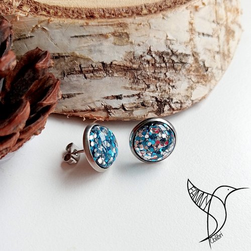 Boucles d'oreilles puces festives à paillettes argentées et turquoise