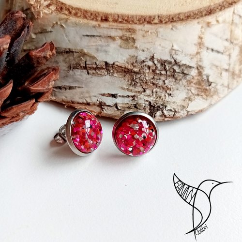 Boucles d'oreilles puces festives à paillettes fuschia