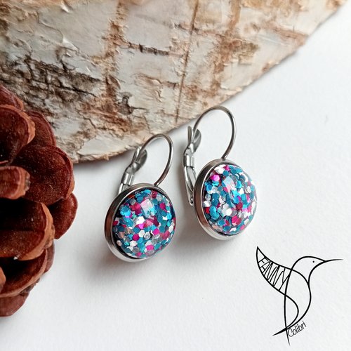 Boucles d'oreilles festives paillettes turquoise et fuschia