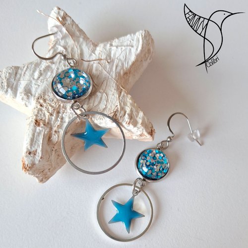 Boucles d'oreilles festives onde céleste etoiles