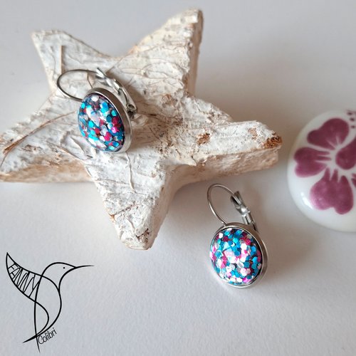 Boucles d'oreilles onde céleste festives turquoise et fuschia