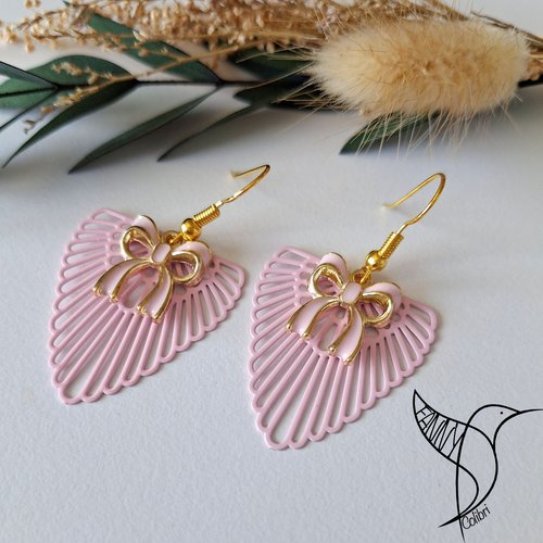 Boucles d'oreilles nœuds colorés rose et doré
