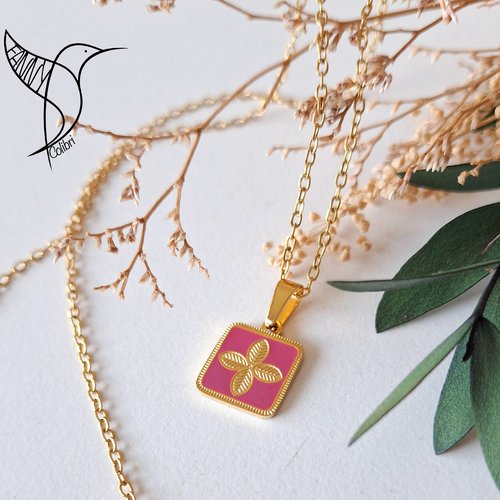 Collier acier inox doré fleur rose