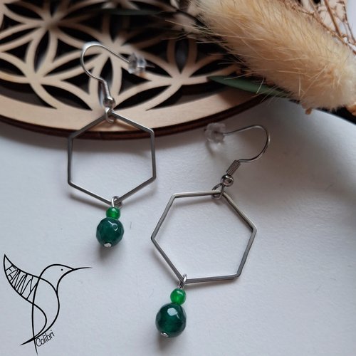 Boucles d'oreilles hexagone et jade