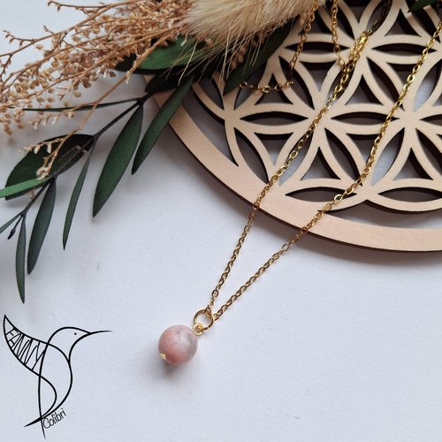 Collier inoxydable doré pendentif jaspe zèbre rose