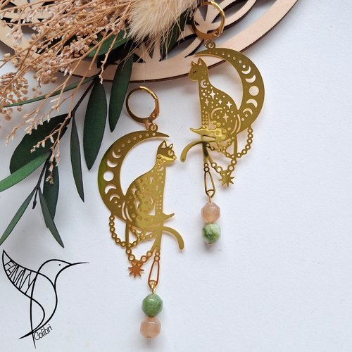Boucles d'oreilles dormeuses chat céleste et tourmaline